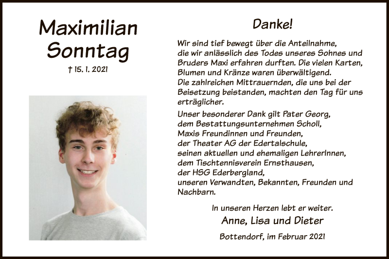  Traueranzeige für Maximilian Sonntag vom 12.02.2021 aus HNA