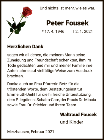 Traueranzeige von Peter Fousek von HNA