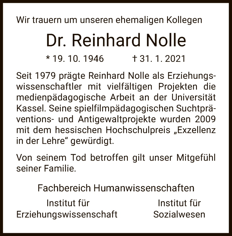  Traueranzeige für Reinhard Nolle vom 13.02.2021 aus HNA