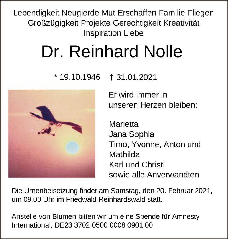  Traueranzeige für Reinhard Nolle vom 06.02.2021 aus HNA