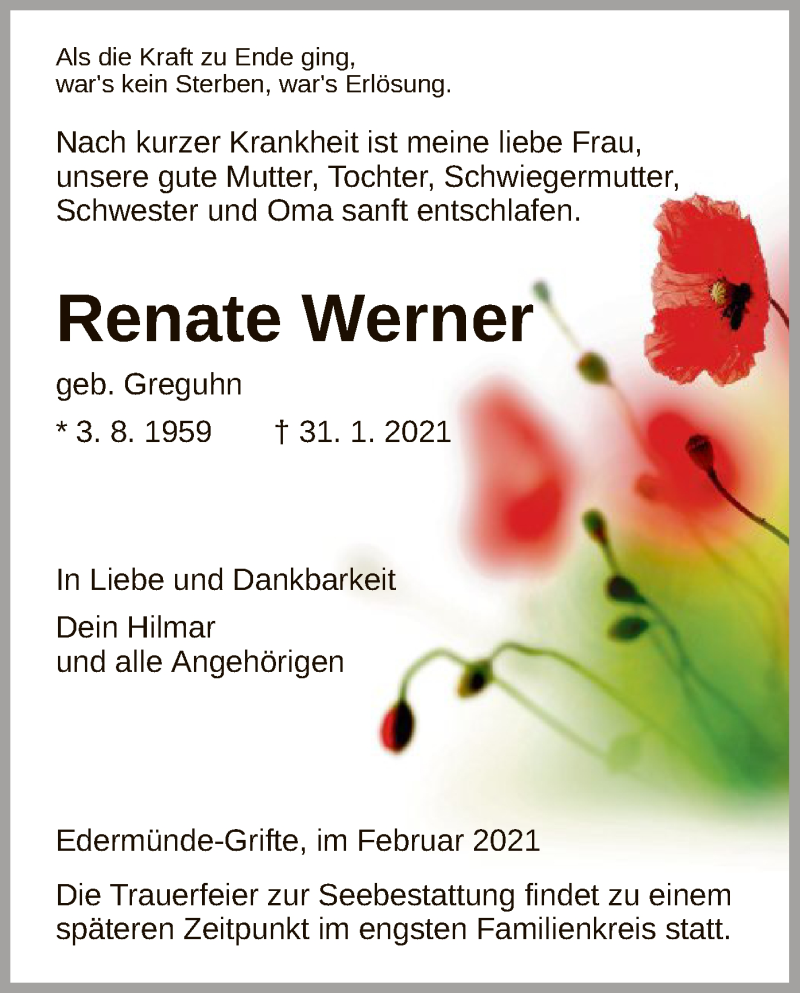  Traueranzeige für Renate Werner vom 06.02.2021 aus HNA