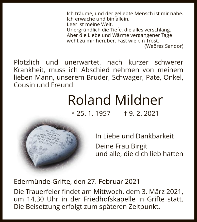 Traueranzeige für Roland Mildner vom 27.02.2021 aus HNA