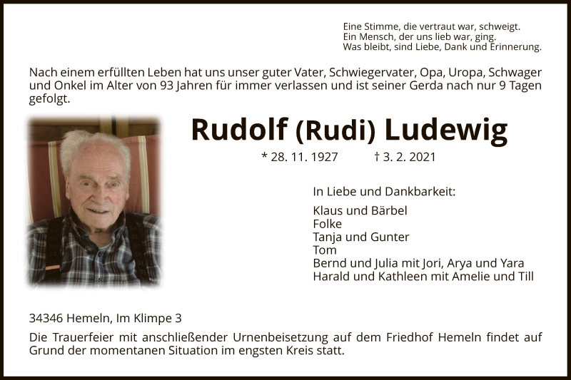  Traueranzeige für Rudolf  Ludewig vom 06.02.2021 aus HNA