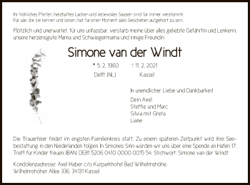 Traueranzeige von Simone van der Windt von HNA