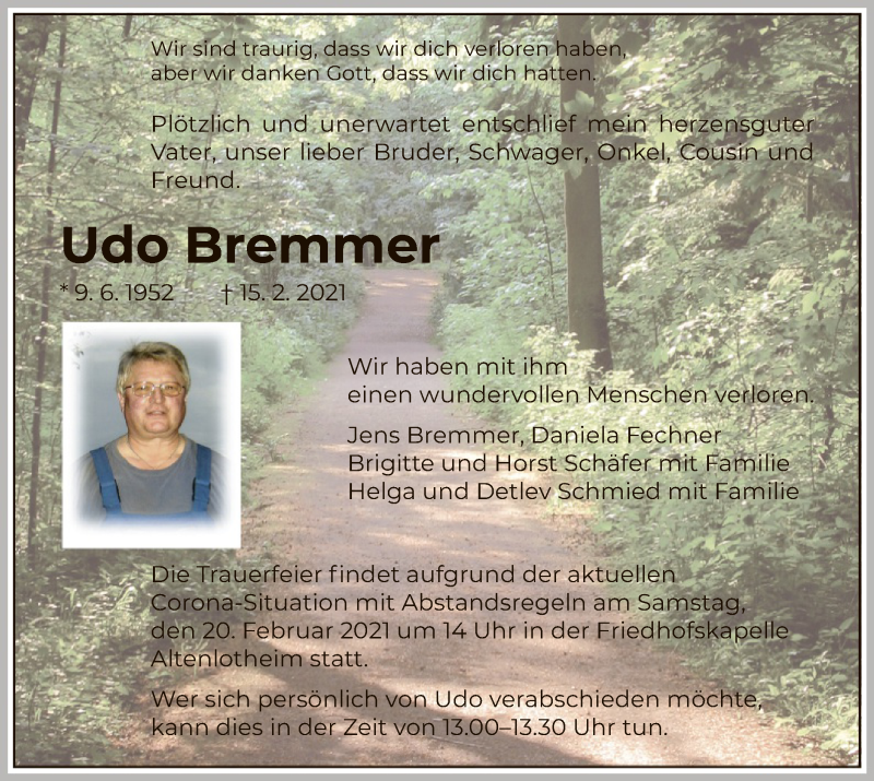  Traueranzeige für Udo Bremmer vom 18.02.2021 aus HNA