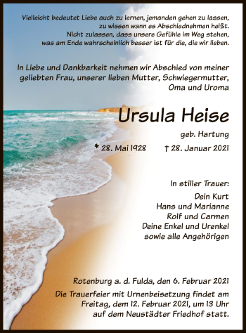 Traueranzeige von Ursula Heise von HNA