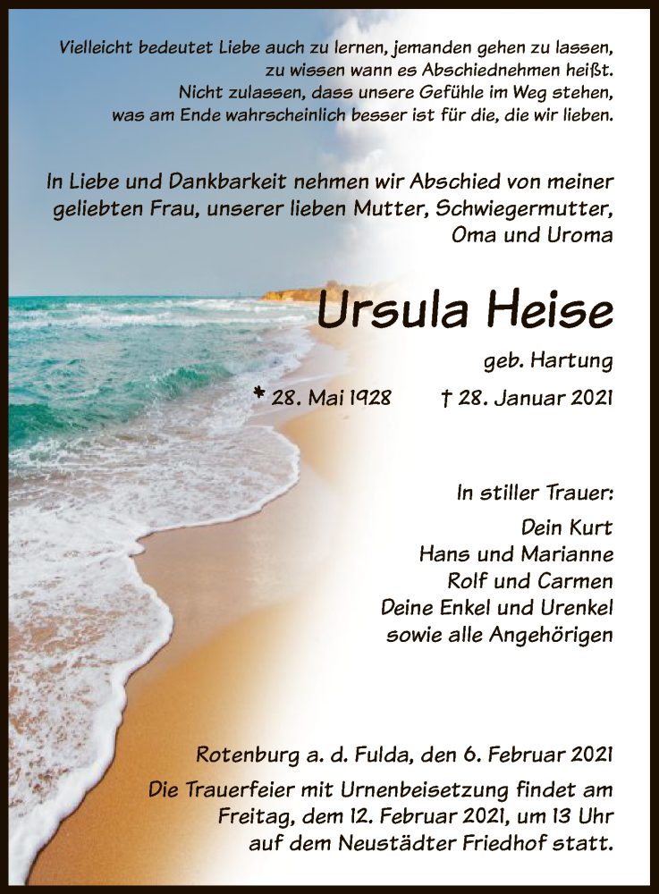  Traueranzeige für Ursula Heise vom 06.02.2021 aus HNA