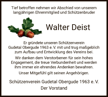 Traueranzeige von Walter Deist von HNA