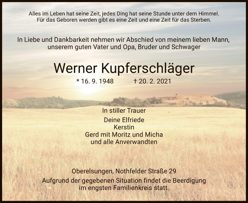  Traueranzeige für Werner Kupferschläger vom 24.02.2021 aus HNA