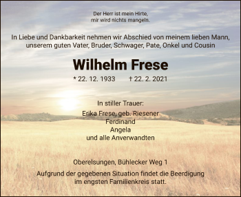 Traueranzeige von Wilhelm Frese von HNA