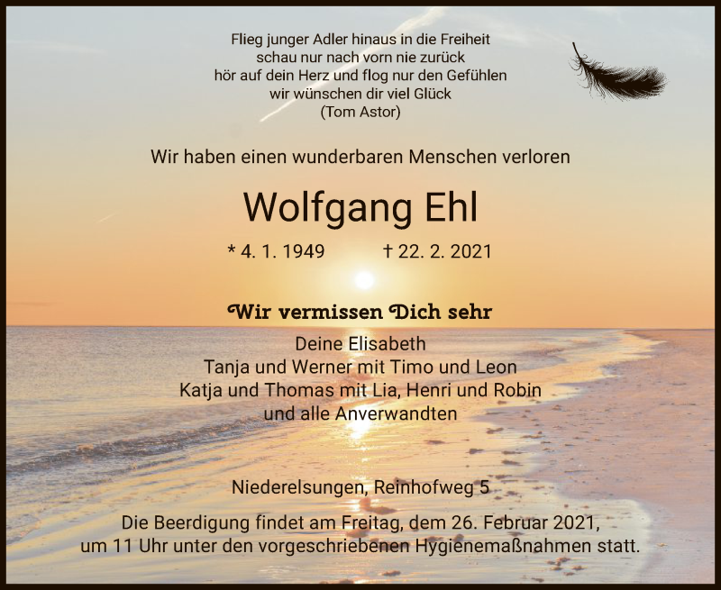  Traueranzeige für Wolfgang Ehl vom 24.02.2021 aus HNA
