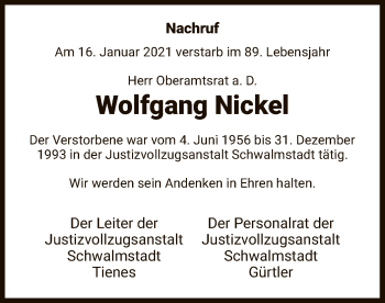 Traueranzeige von Wolfgang Nickel von HNA