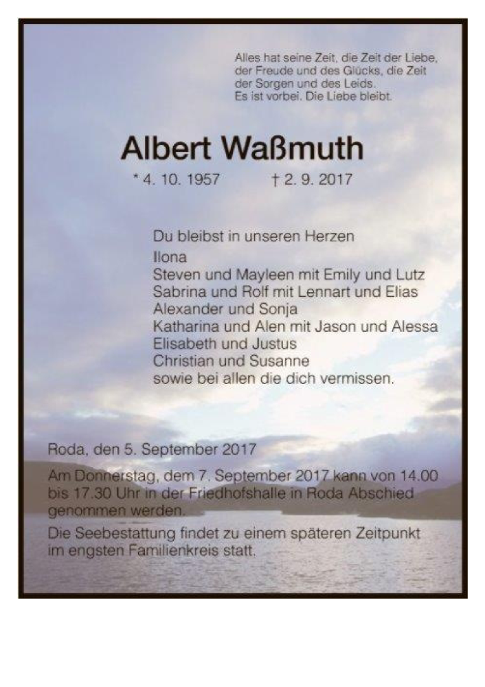  Traueranzeige für Albert Waßmuth vom 05.09.2017 aus HNA