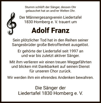 Traueranzeige von Adolf Franz von HNA