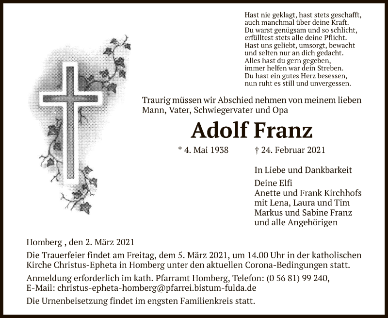  Traueranzeige für Adolf Franz  vom 02.03.2021 aus HNA