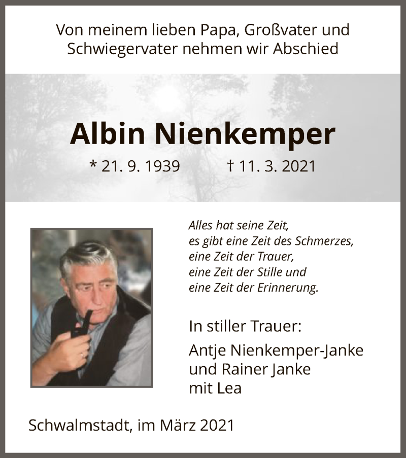  Traueranzeige für Albin Nienkemper vom 16.03.2021 aus HNA