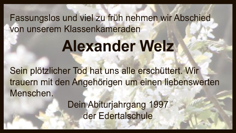  Traueranzeige für Alexander Welz vom 26.03.2021 aus HNA