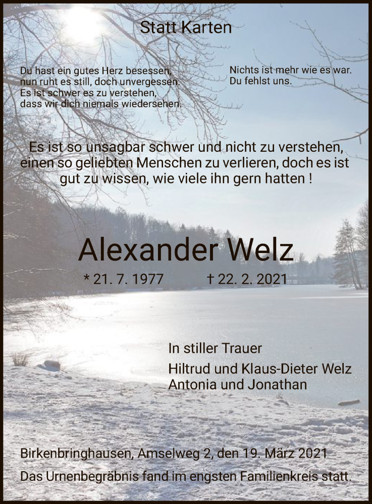  Traueranzeige für Alexander Welz vom 19.03.2021 aus HNA