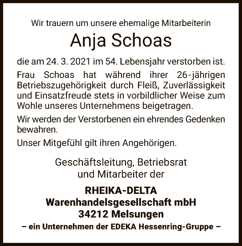  Traueranzeige für Anja Schoas vom 27.03.2021 aus HNA