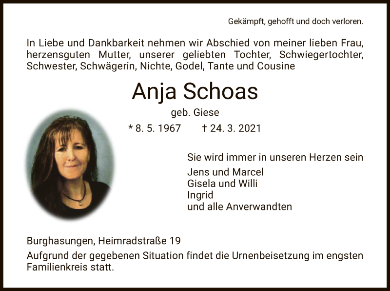  Traueranzeige für Anja Schoas vom 27.03.2021 aus HNA