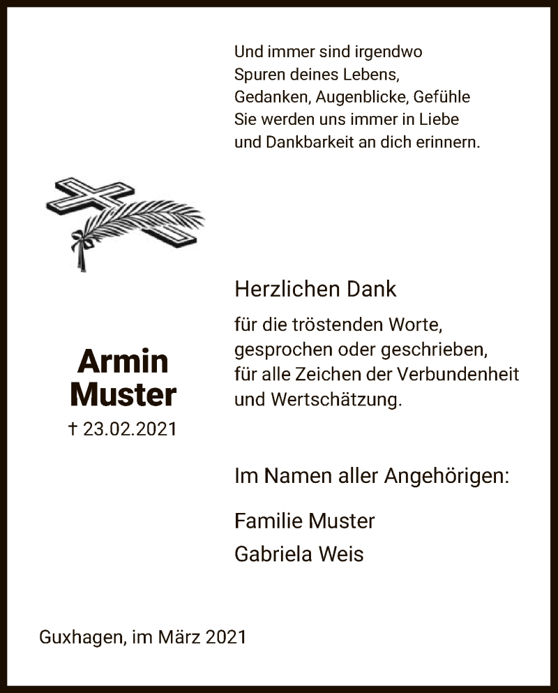 Traueranzeigen Von Armin Muster Trauer Hna De