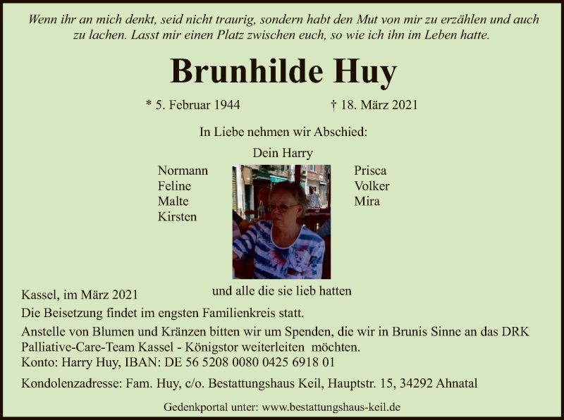  Traueranzeige für Brunhilde Huy vom 27.03.2021 aus HNA