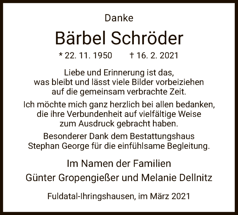  Traueranzeige für Bärbel Schröder vom 12.03.2021 aus HNA