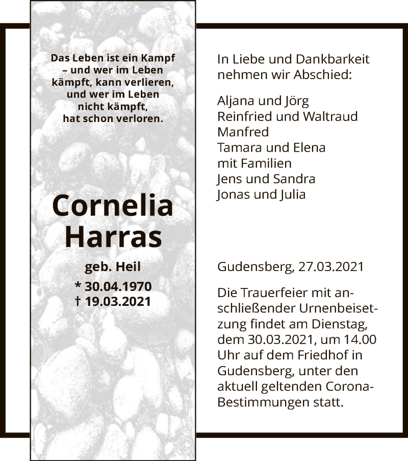  Traueranzeige für Cornelia Harras vom 27.03.2021 aus HNA