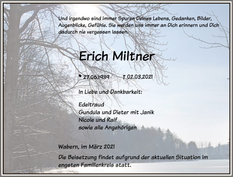  Traueranzeige für Erich Miltner vom 06.03.2021 aus HNA