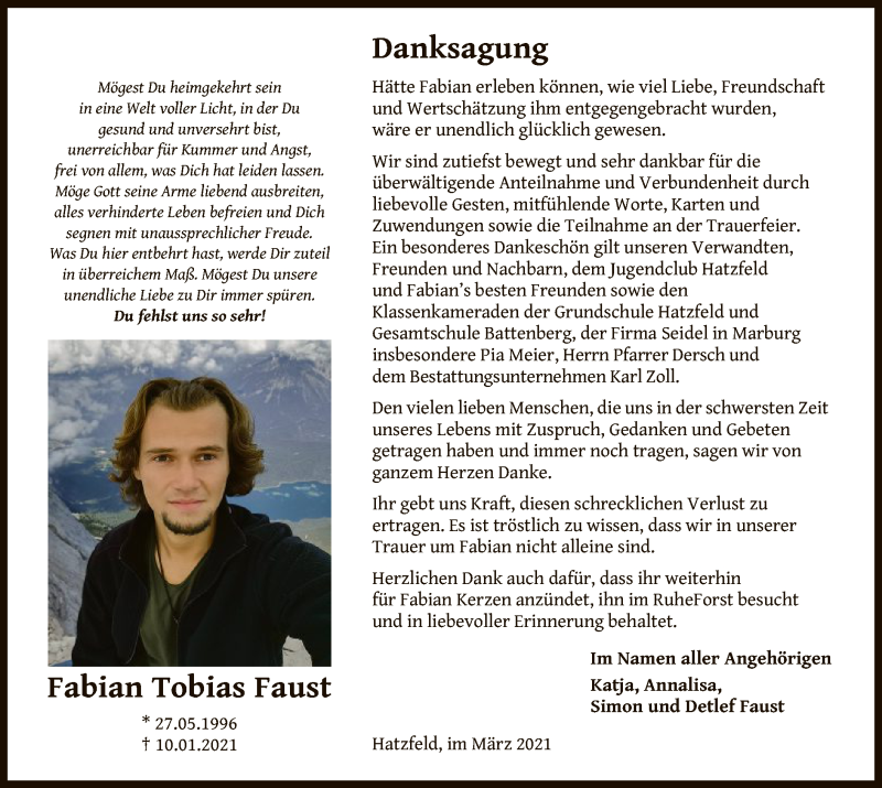  Traueranzeige für Fabian Tobias Faust vom 20.03.2021 aus HNA