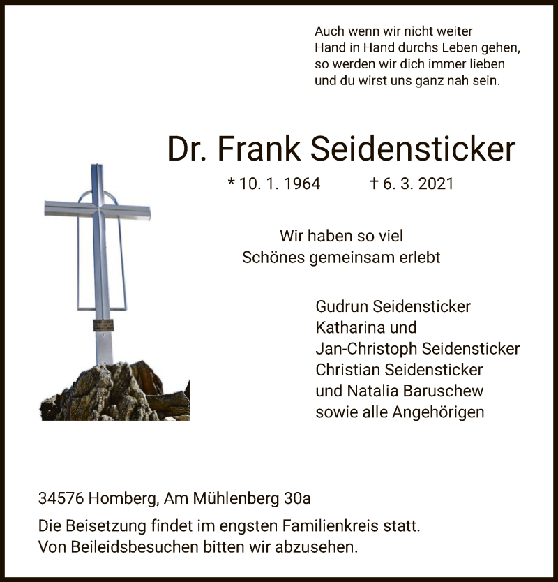  Traueranzeige für Frank Seidensticker vom 10.03.2021 aus HNA