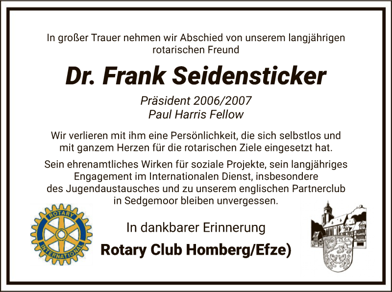  Traueranzeige für Frank Seidensticker vom 16.03.2021 aus HNA