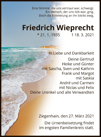 Traueranzeige von Friedrich Wieprecht von HNA