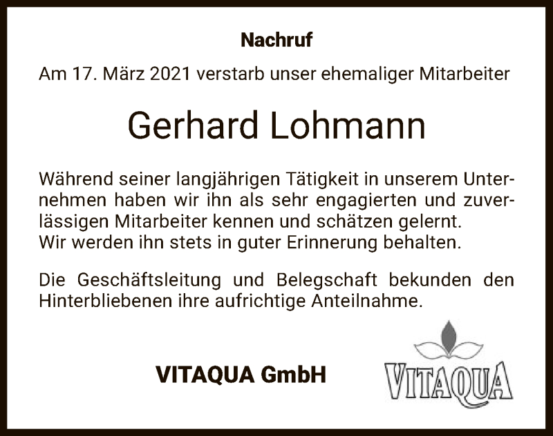  Traueranzeige für Gerhard Lohmann vom 29.03.2021 aus HNA