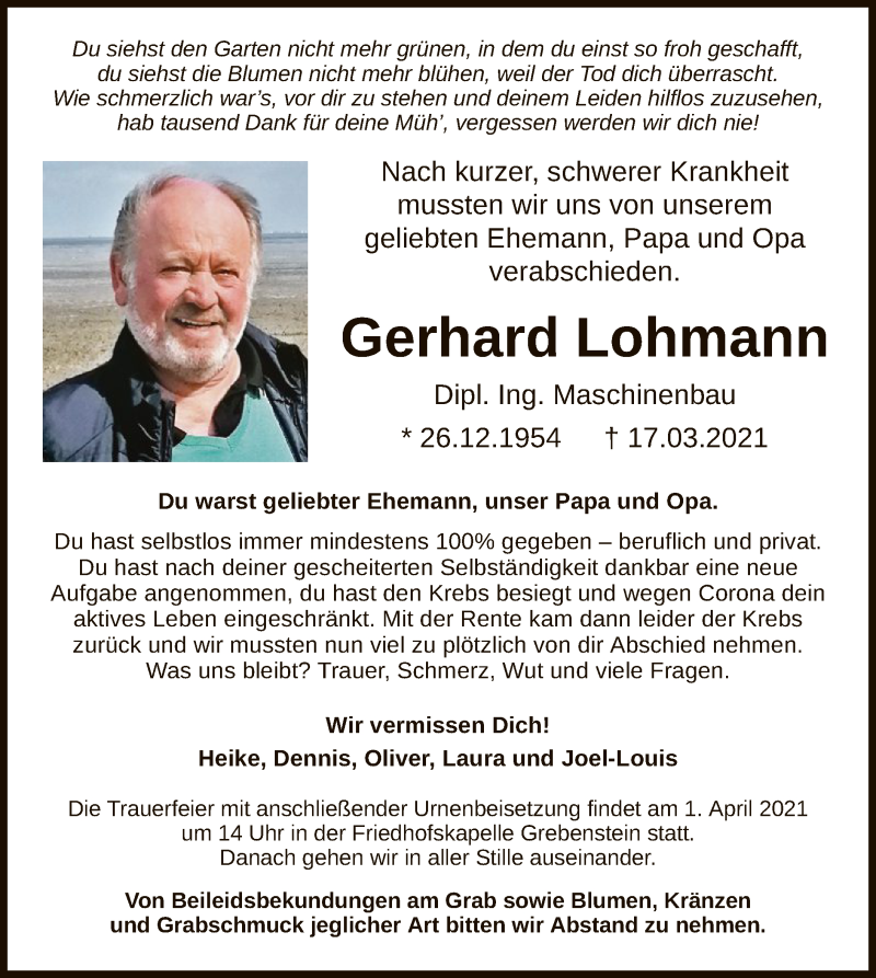  Traueranzeige für Gerhard Lohmann vom 27.03.2021 aus HNA