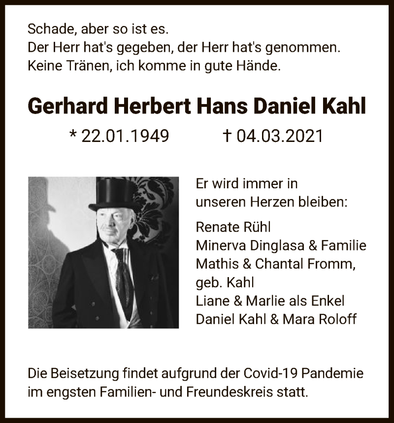 Traueranzeige für Gerhard Herbert Hans Daniel Kahl vom 10.03.2021 aus HNA