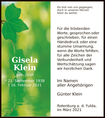Traueranzeige von Gisela Klein von HNA