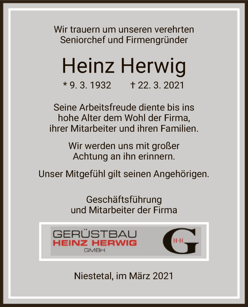  Traueranzeige für Heinz Herwig vom 27.03.2021 aus HNA