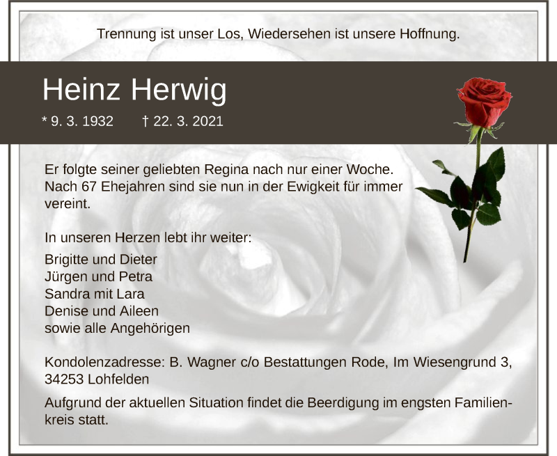  Traueranzeige für Heinz Herwig vom 27.03.2021 aus HNA