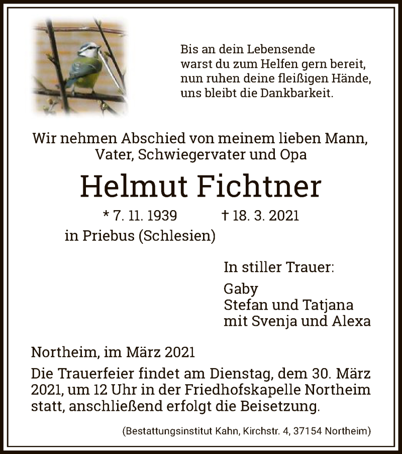  Traueranzeige für Helmut Fichtner vom 27.03.2021 aus HNA