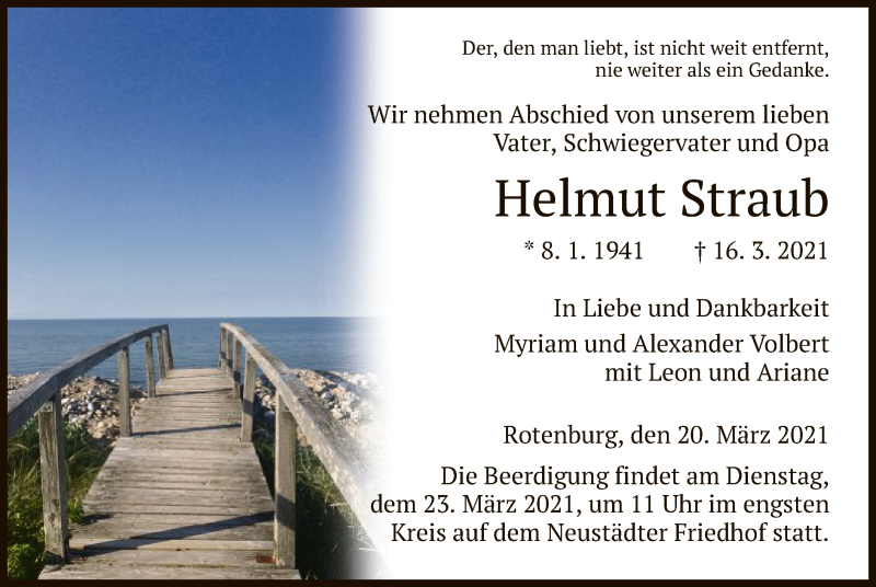  Traueranzeige für Helmut Straub vom 20.03.2021 aus HNA