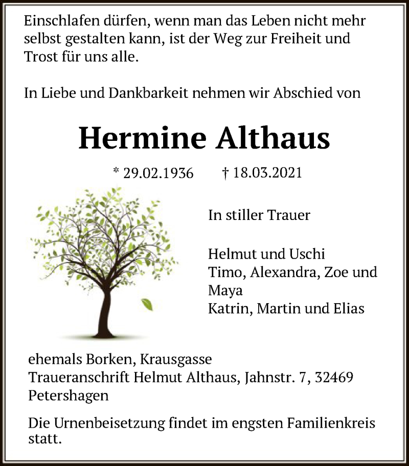  Traueranzeige für Hermine Althaus vom 30.03.2021 aus HNA