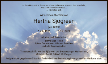 Traueranzeige von Hertha Sjögreen von HNA