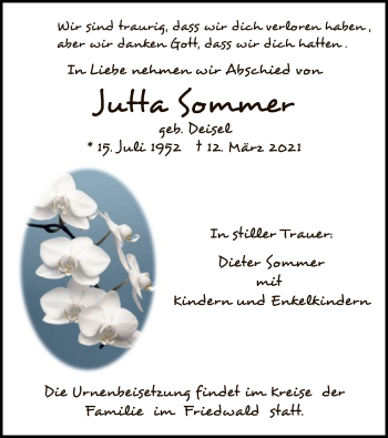 Traueranzeige von Jutta Sommer von HNA