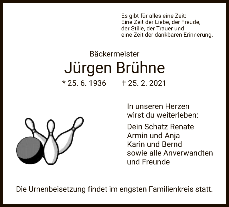  Traueranzeige für Jürgen Brühne vom 06.03.2021 aus HNA