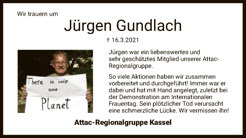  Traueranzeige für Jürgen Gundlach vom 27.03.2021 aus HNA