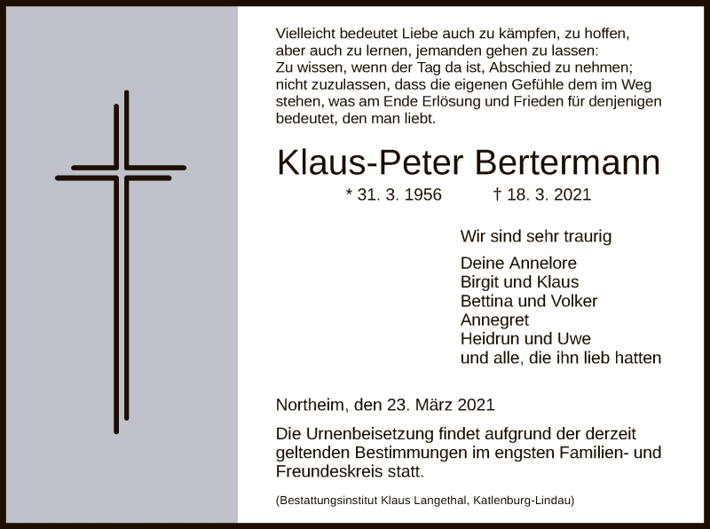  Traueranzeige für Klaus-Peter Bertermann vom 23.03.2021 aus HNA