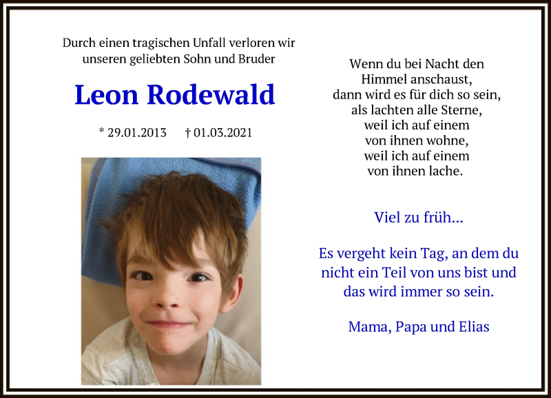  Traueranzeige für Leon Rodewald vom 15.03.2021 aus HNA