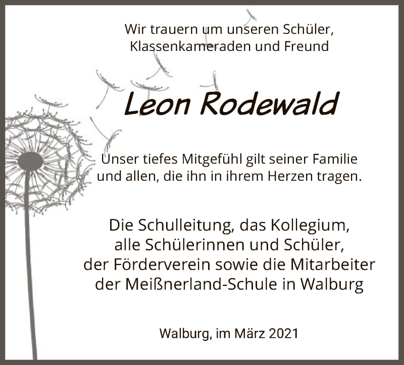 Traueranzeige für Leon Rodewald vom 20.03.2021 aus HNA