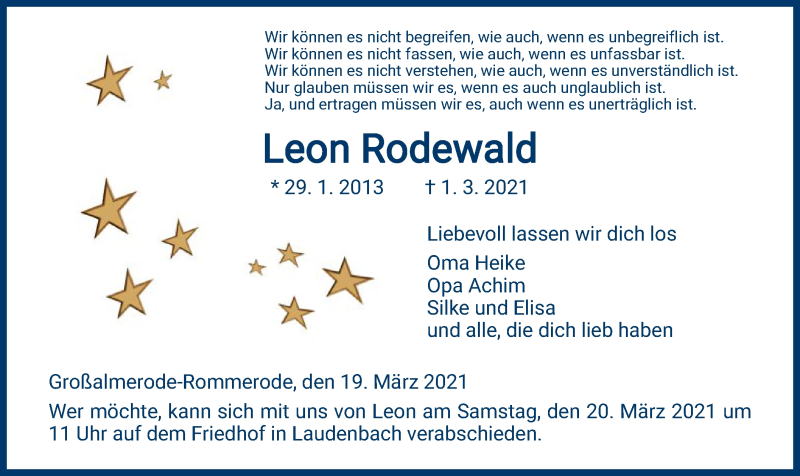  Traueranzeige für Leon Rodewald vom 19.03.2021 aus HNA